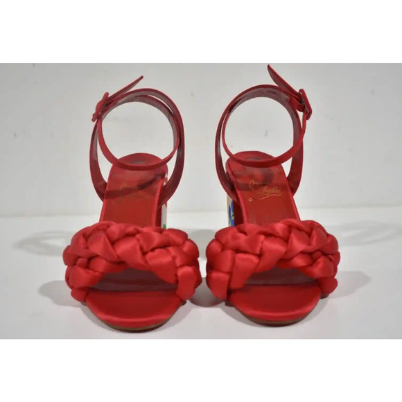 Christian Louboutin Brio 85 Red Floral Ankle Strap Sandal Block Heel Pump 37 - Picture 7 of 12